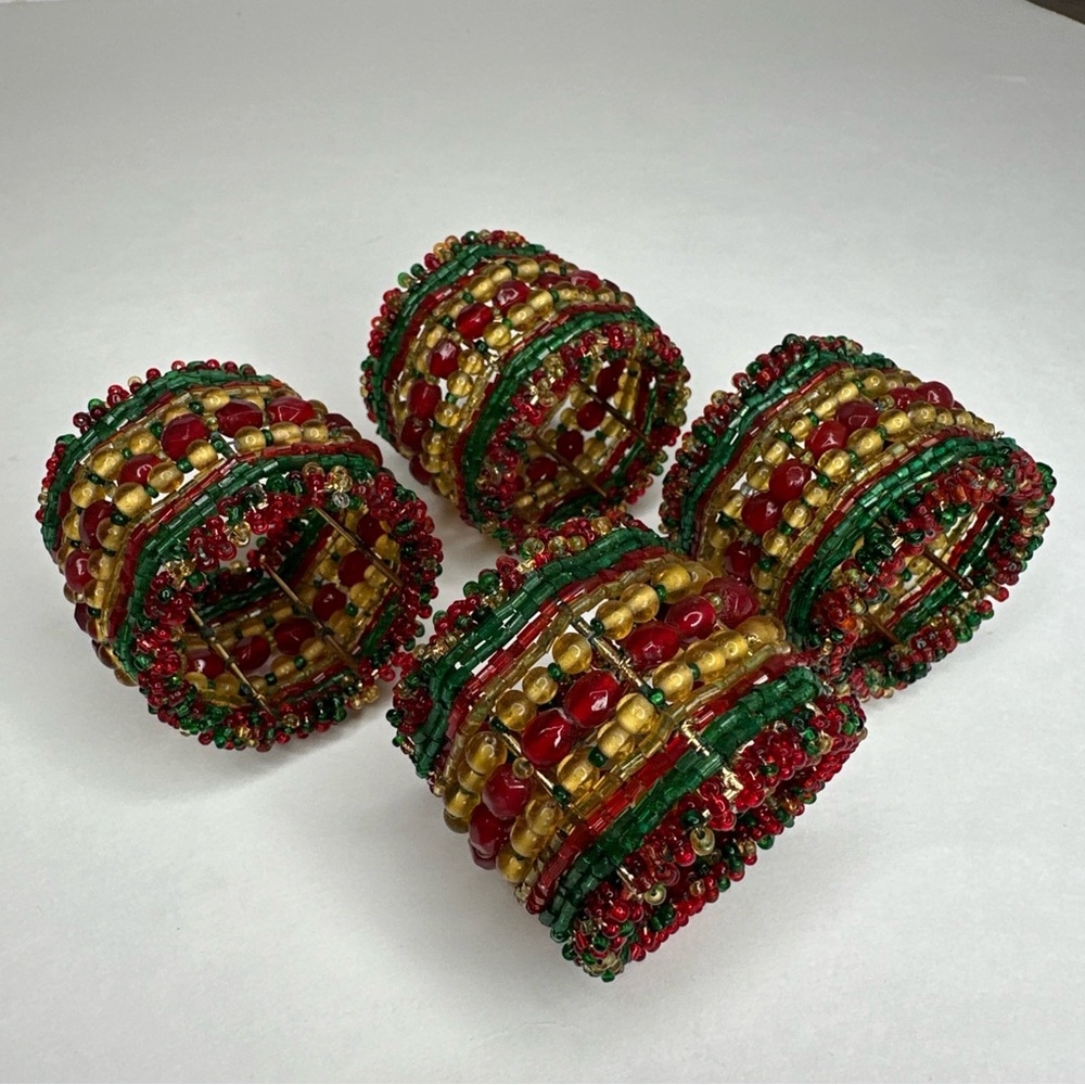 4 Pc Set Boho-Core Beaded Napkin Rings Glass Red Green & Gold Holiday Decor